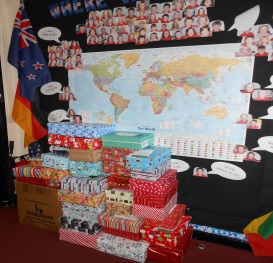 Our Christmas Boxes ready to post to children less fortunate than ourselves.