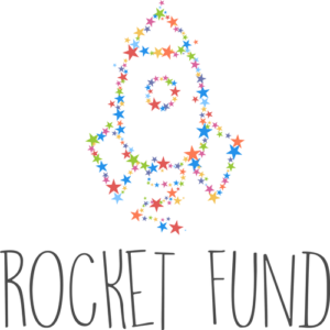 Logo showing the outline, drawn in multi-coloured stars, of a rocket ship with the text "Rocket Fund" underneath it.