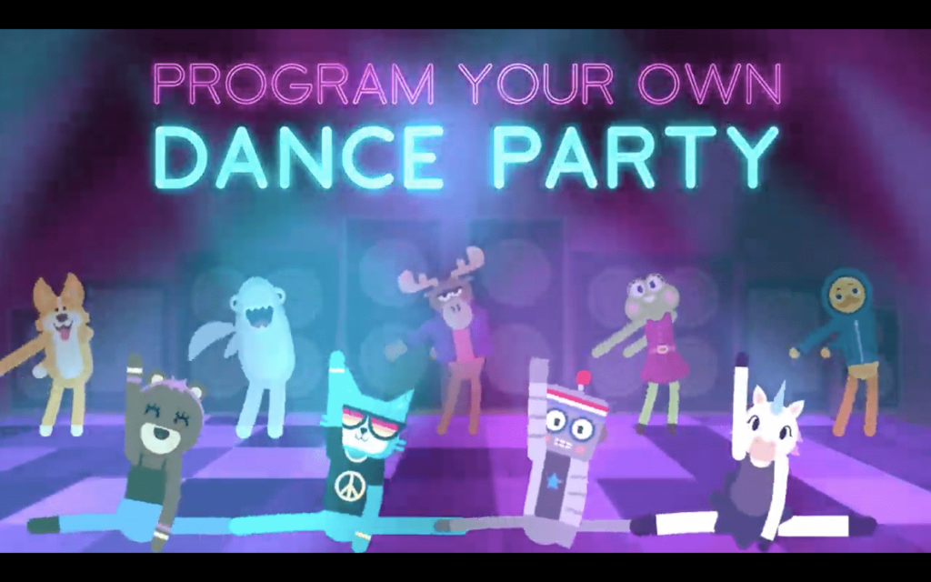 Screenshot from the dance party website showing a range of characters dancing with the text "program your own dance party"