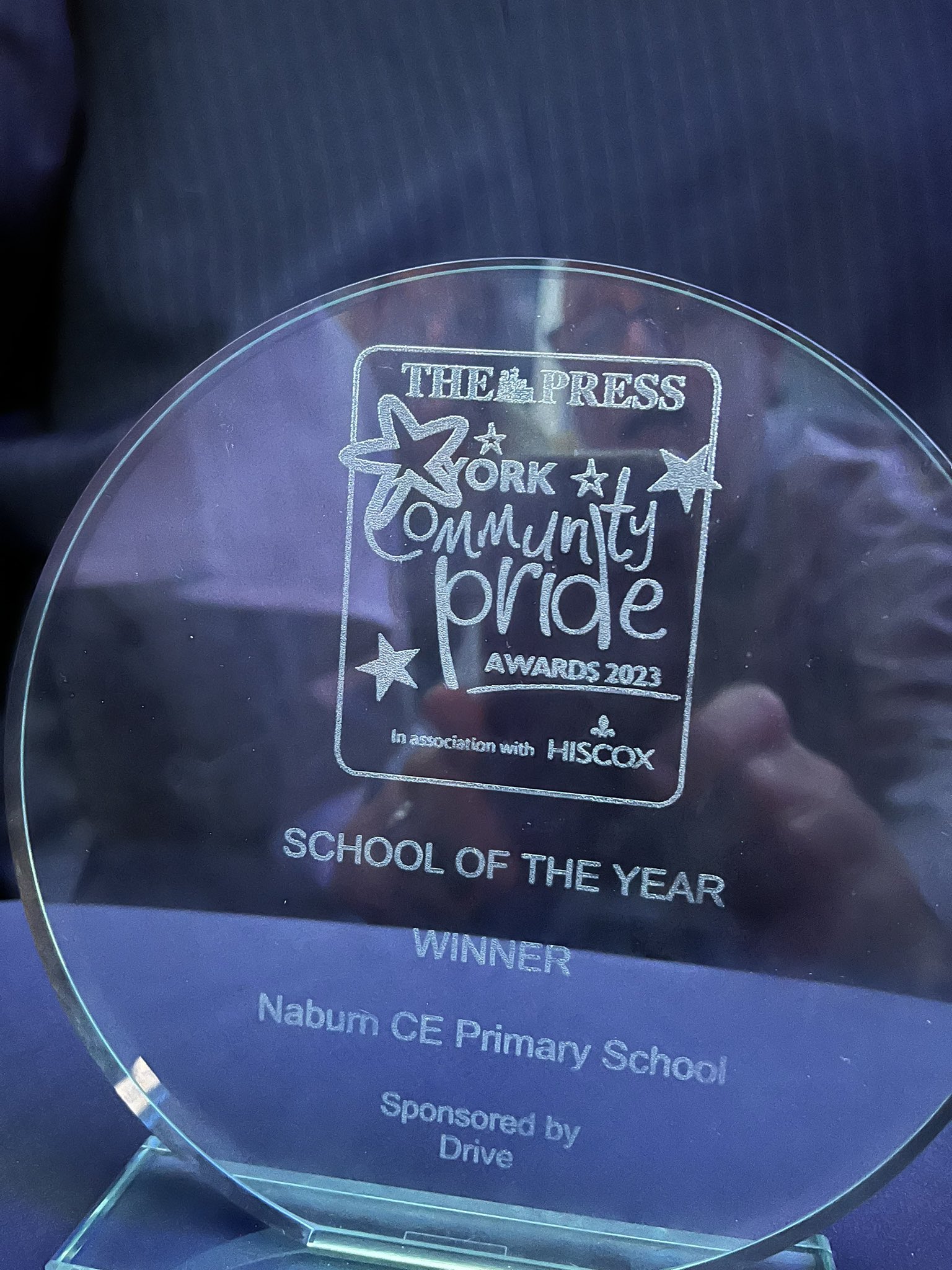 Glass award for the Press York Community Pride awards 2023, naming Naburn CE Primary School as the winner of the school of the year category.